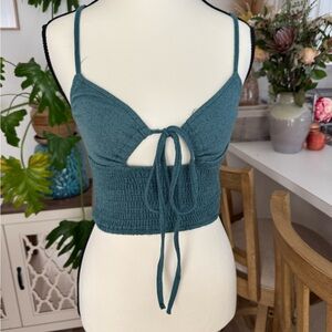 Cider XS Teal Smocked Tie Front Crop Top